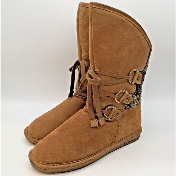 Bearpaw Faith Sherpa Lined Suede Boots Women's 11 Chestnut Leather Tweed 1908W - Picture 1 of 16